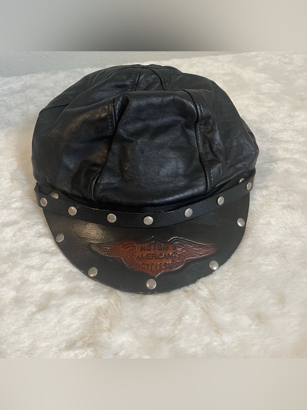 Vintage Black Leather Biker Cap Hat Studded Motorcycle Cap Adjustable